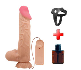 24 cm Kıkırdak Yapılı Çift Katmanlı Gerçekçi Titreşimli Belden Bağlamalı Dildo Penis - Sadik